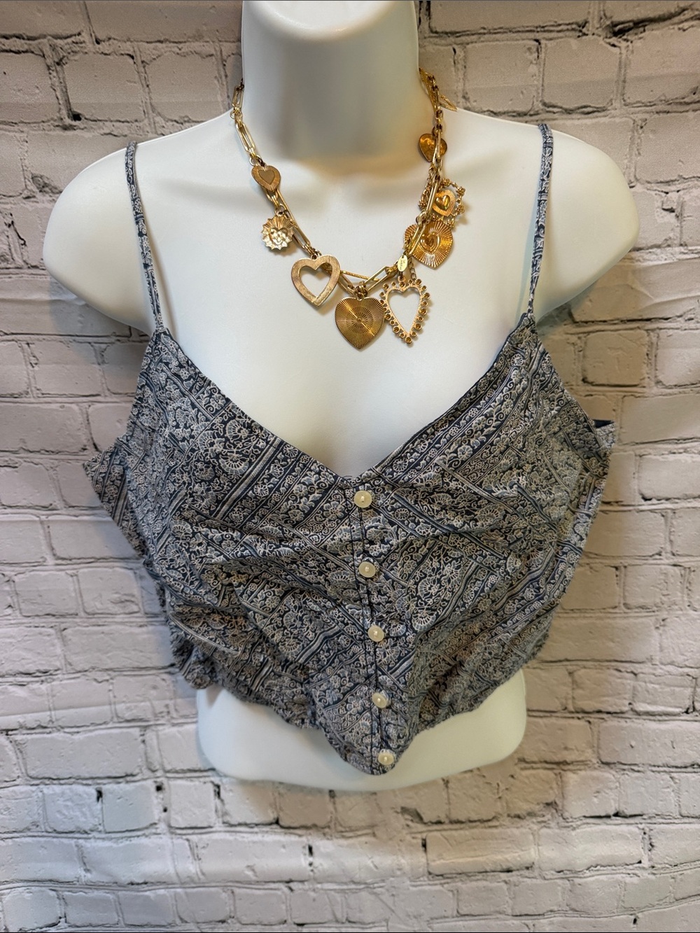 American Eagle Blue Paisley Button Front Crop Cami Top Medium